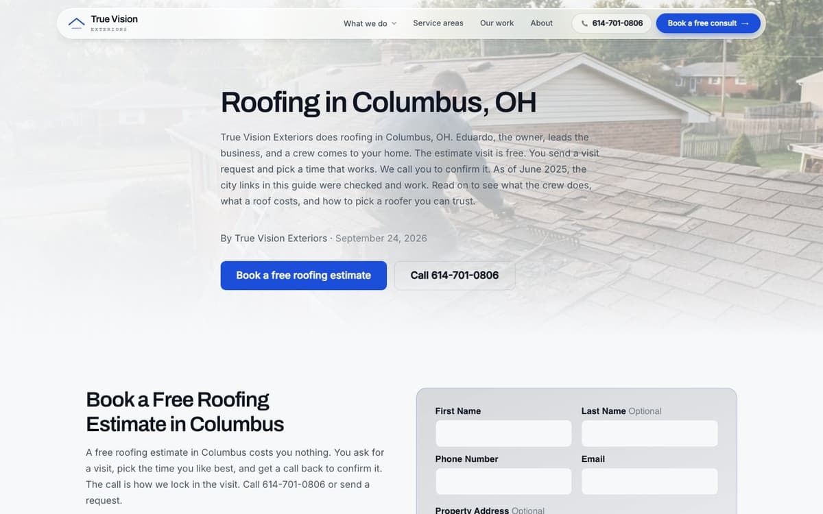 A roofing town page built on our platform, with the service and town in the headline and an estimate button above the fold
