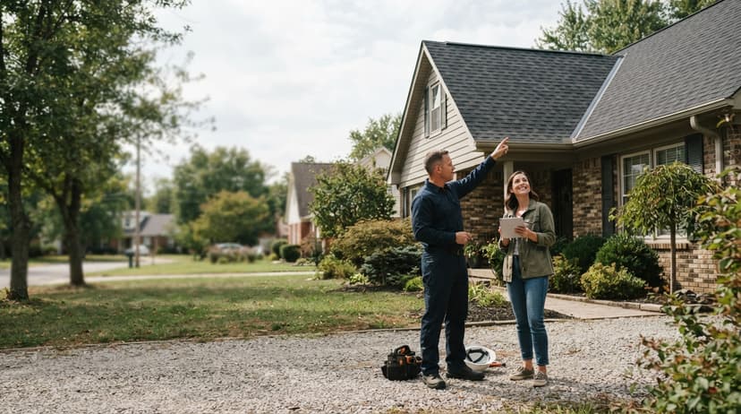 A roofer and a homeowner looking up at the house together