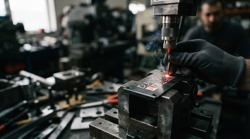 Close detail from the work serial numbers on products supports