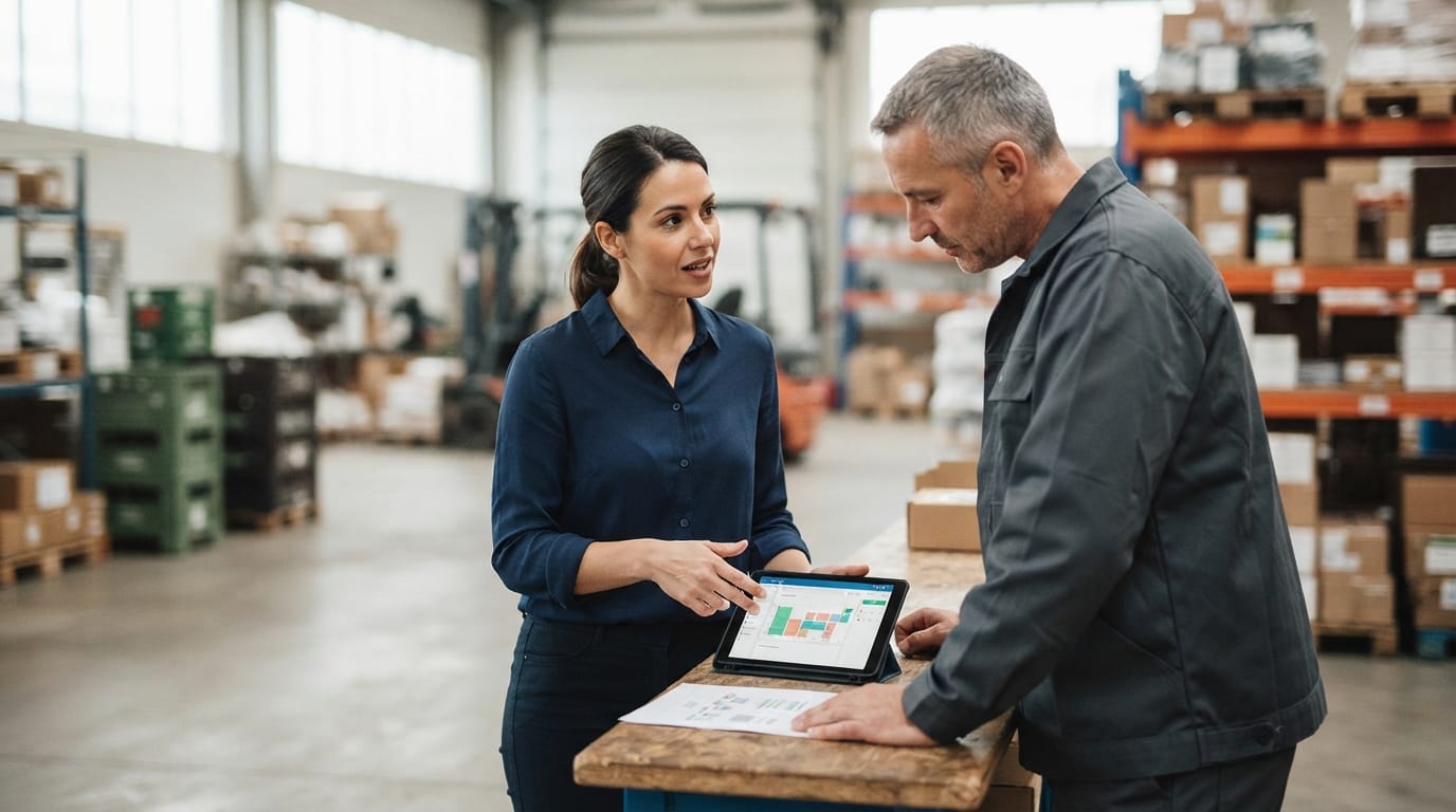 Two people working through what simple inventory system for small business is telling them