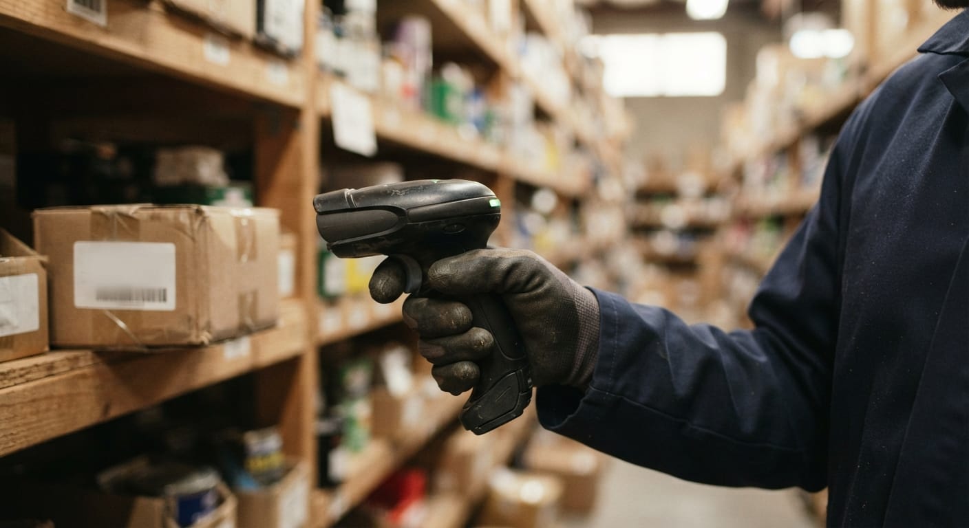 Close detail from the work small business inventory management system supports
