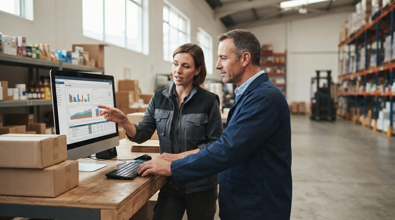 Two people working through what small business inventory management system is telling them