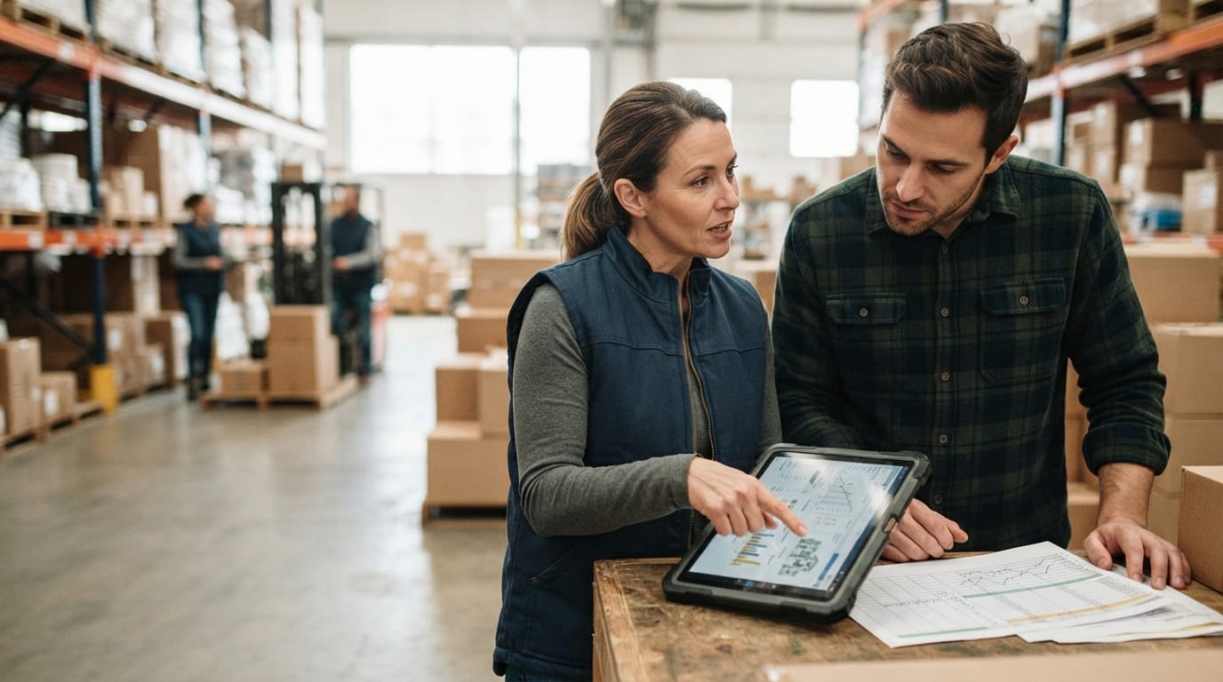 Two people working through what small business inventory management is telling them