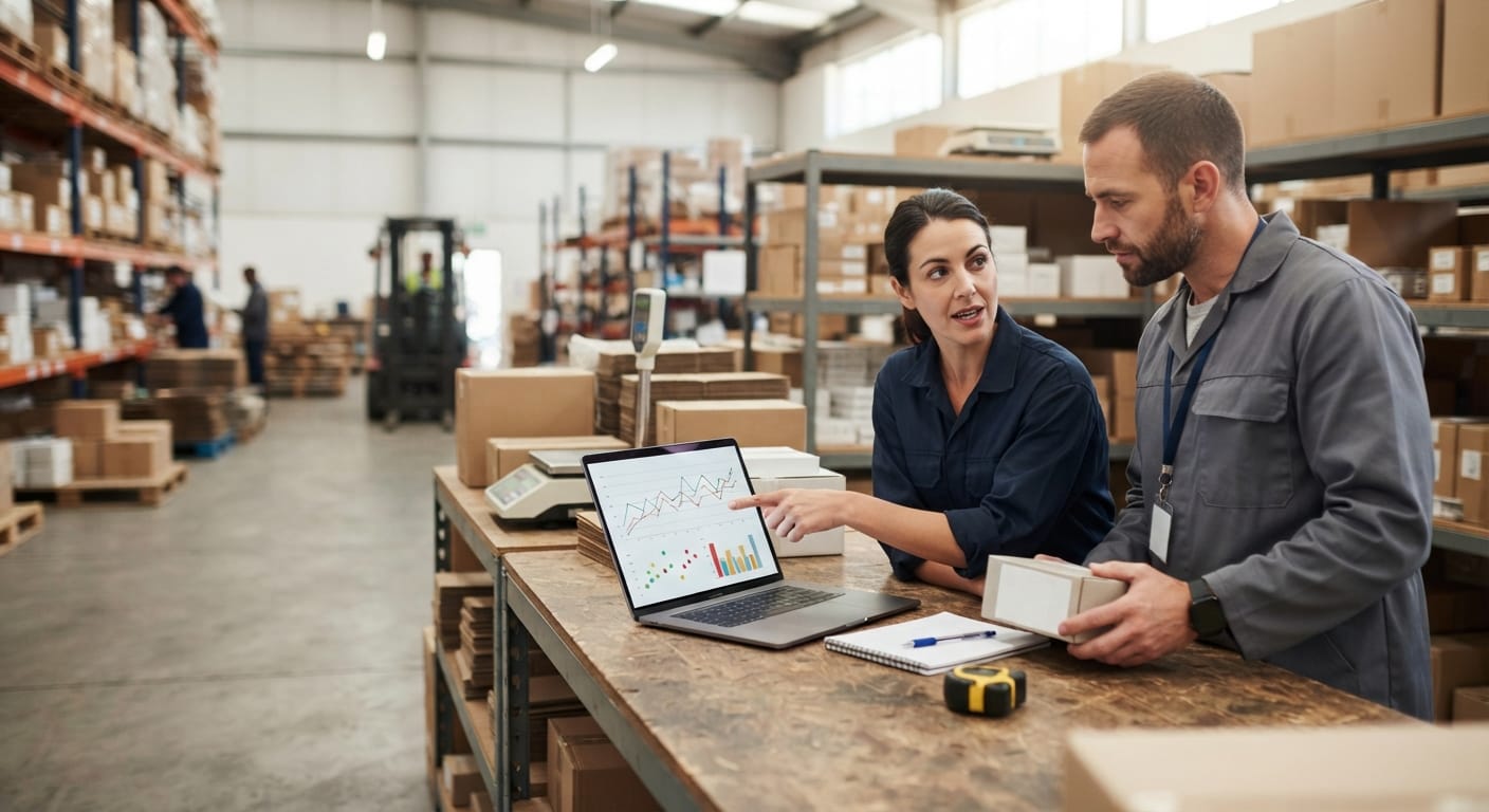 Two people working through what small business stock management software is telling them