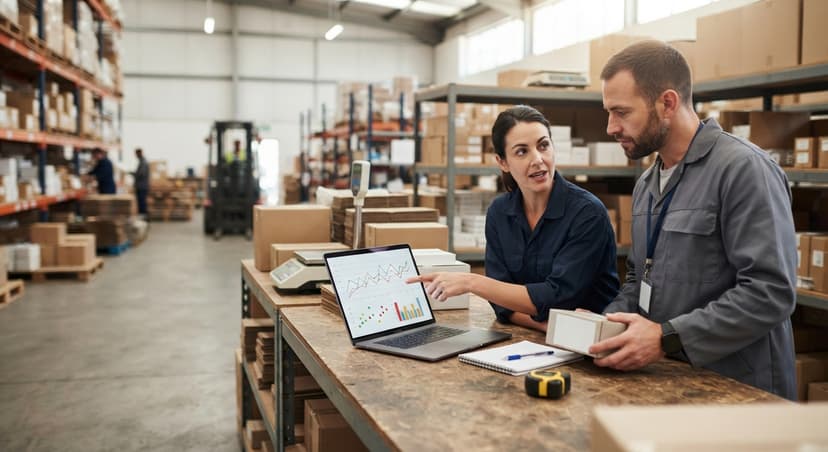 Two people working through what small business stock management software is telling them