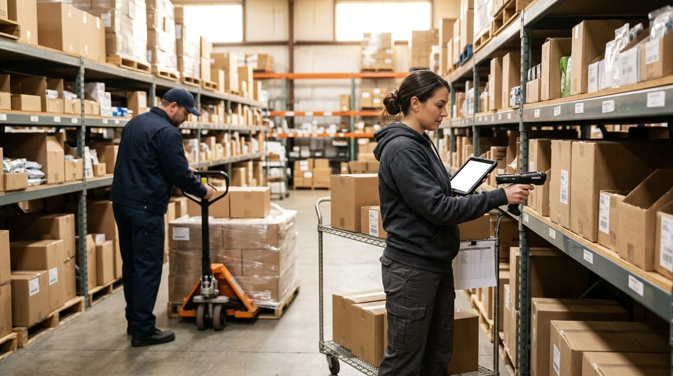 The team who would use small business warehouse management system, mid-task