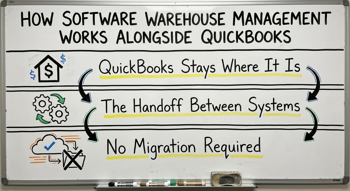 How Software Warehouse Management Works Alongside QuickBooks, drawn out