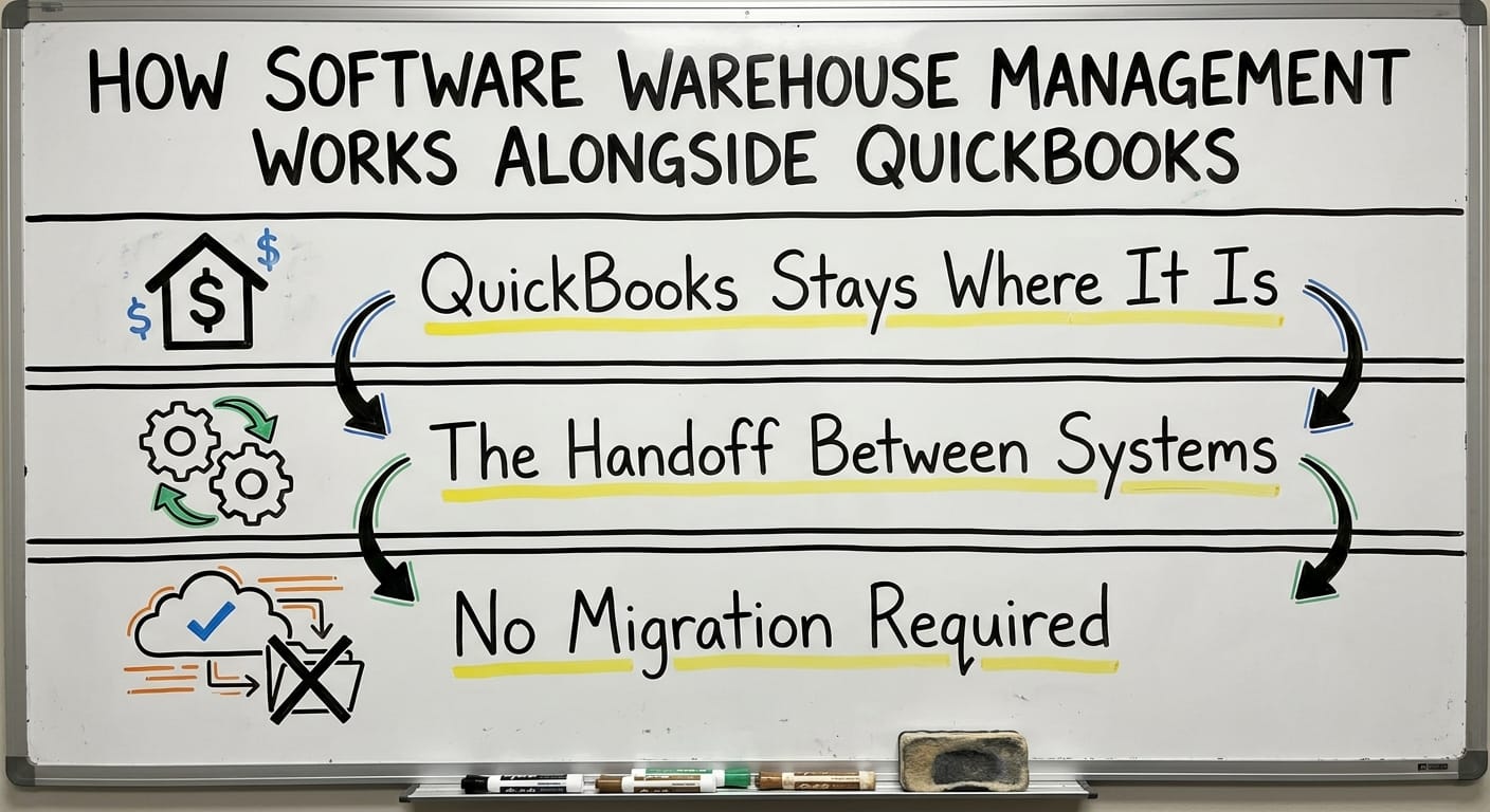 How Software Warehouse Management Works Alongside QuickBooks, drawn out