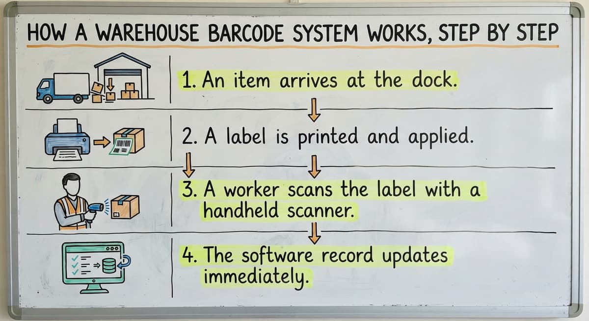 How a Warehouse Barcode System Works, Step by Step, drawn out