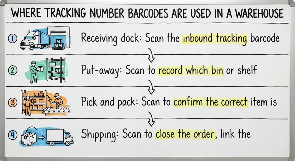 Where Tracking Number Barcodes Are Used in a Warehouse, drawn out