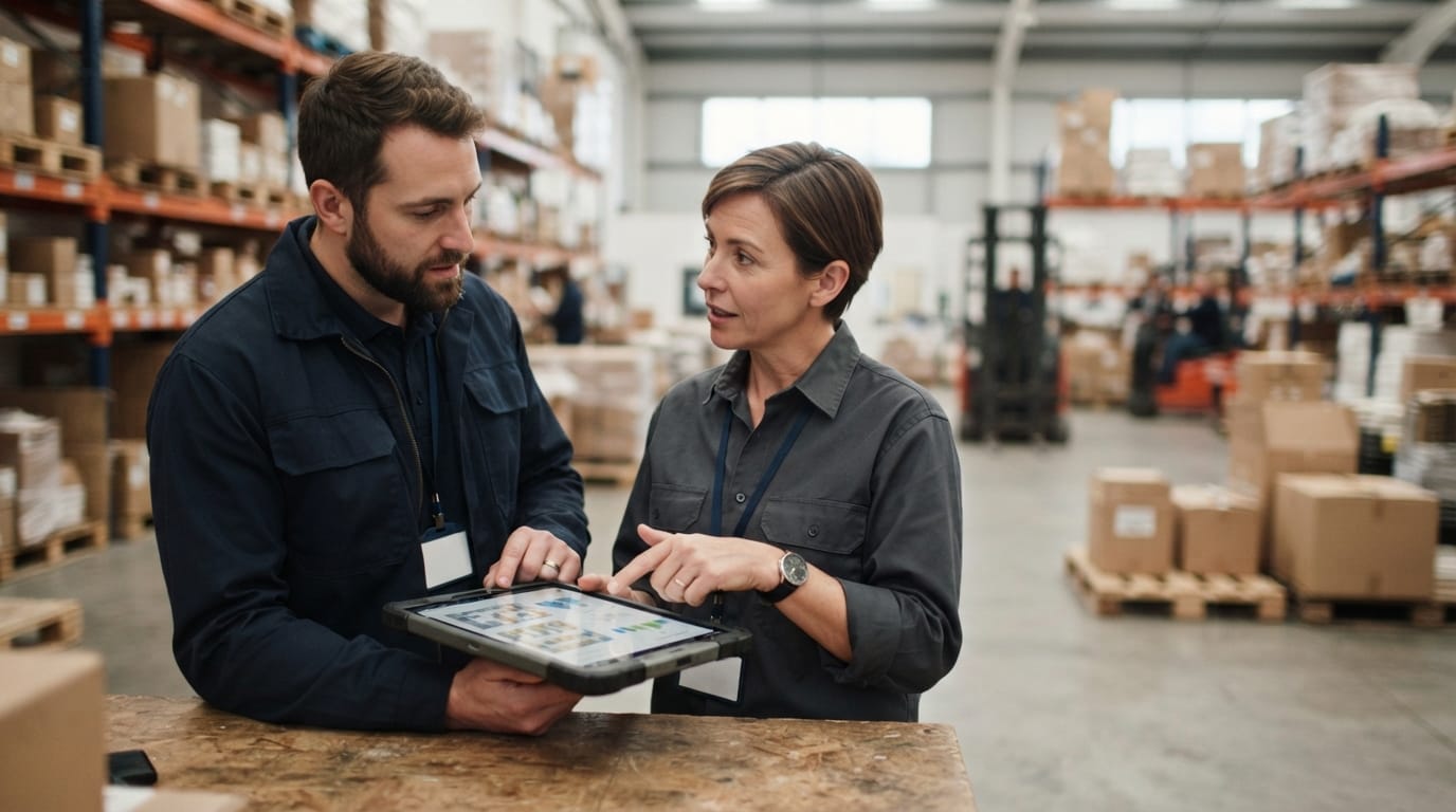 Two people working through what warehouse ideas improvement is telling them