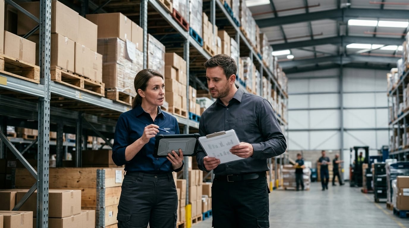 Two people working through what warehouse inventory management software is telling them