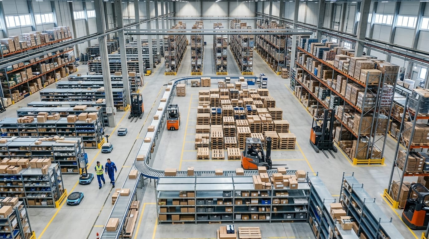 Overhead view of the work warehouse inventory management software organises
