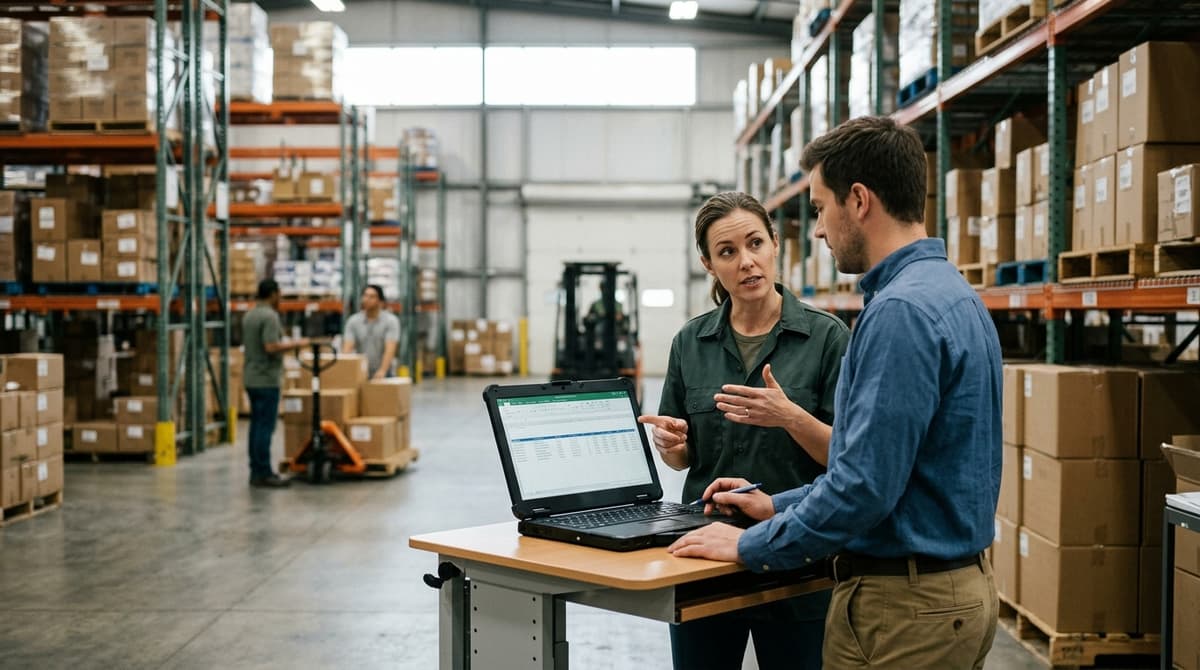 Two people working through what warehouse inventory management software is telling them