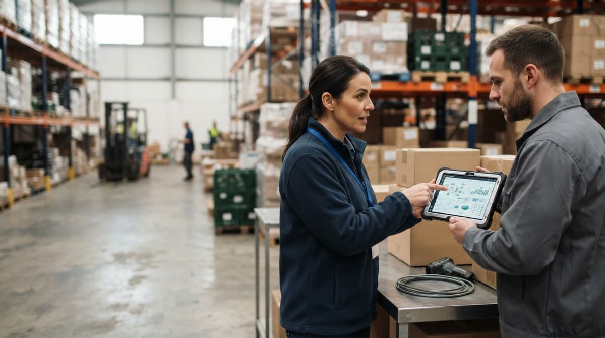 Two people working through what warehouse inventory software programs is telling them