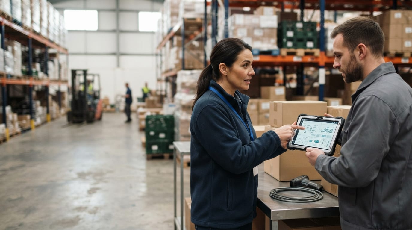 Two people working through what warehouse inventory software programs is telling them