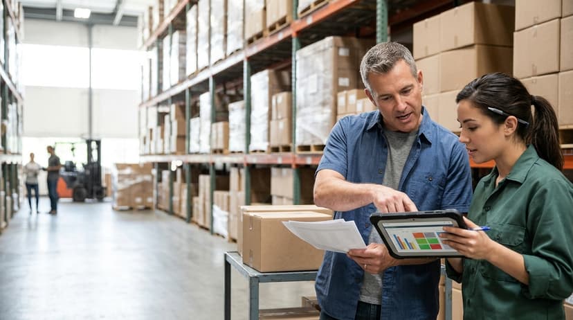 Two people working through what warehouse inventory tracking system is telling them