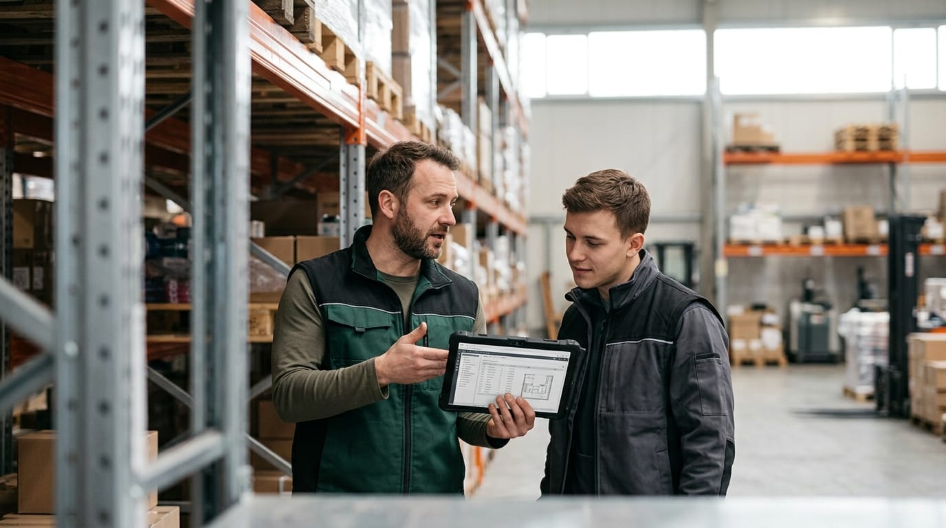 Two people working through what warehouse inventory is telling them