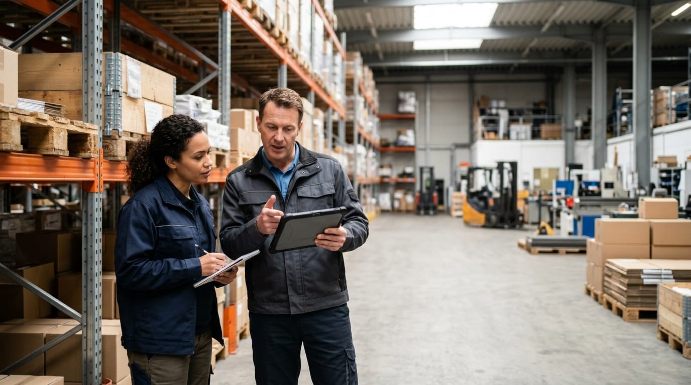 Two people working through what warehouse management costs is telling them