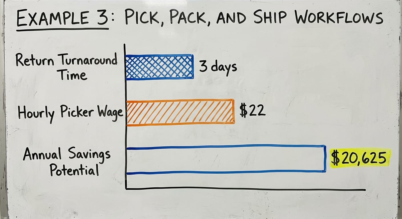 Example 3: Pick, Pack, and Ship Workflows, in figures