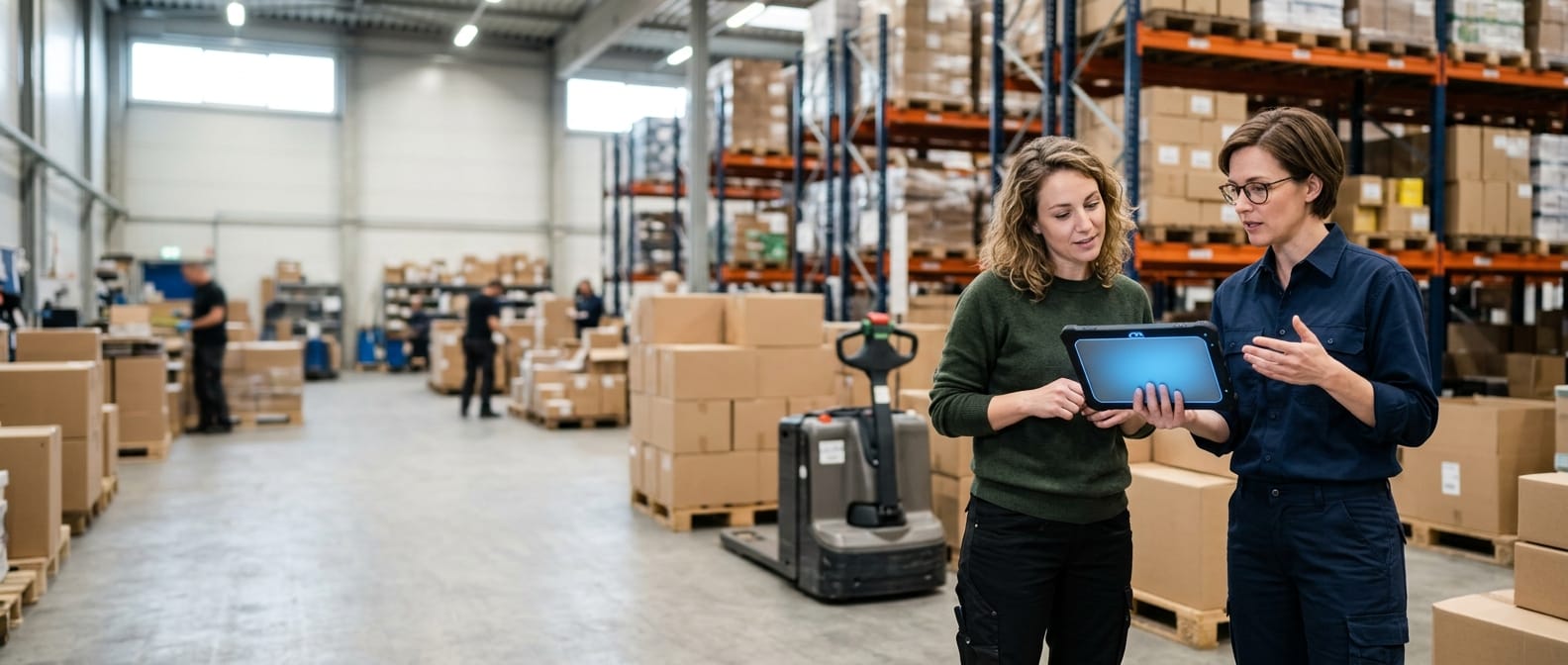 Two people working through what warehouse management system examples is telling them