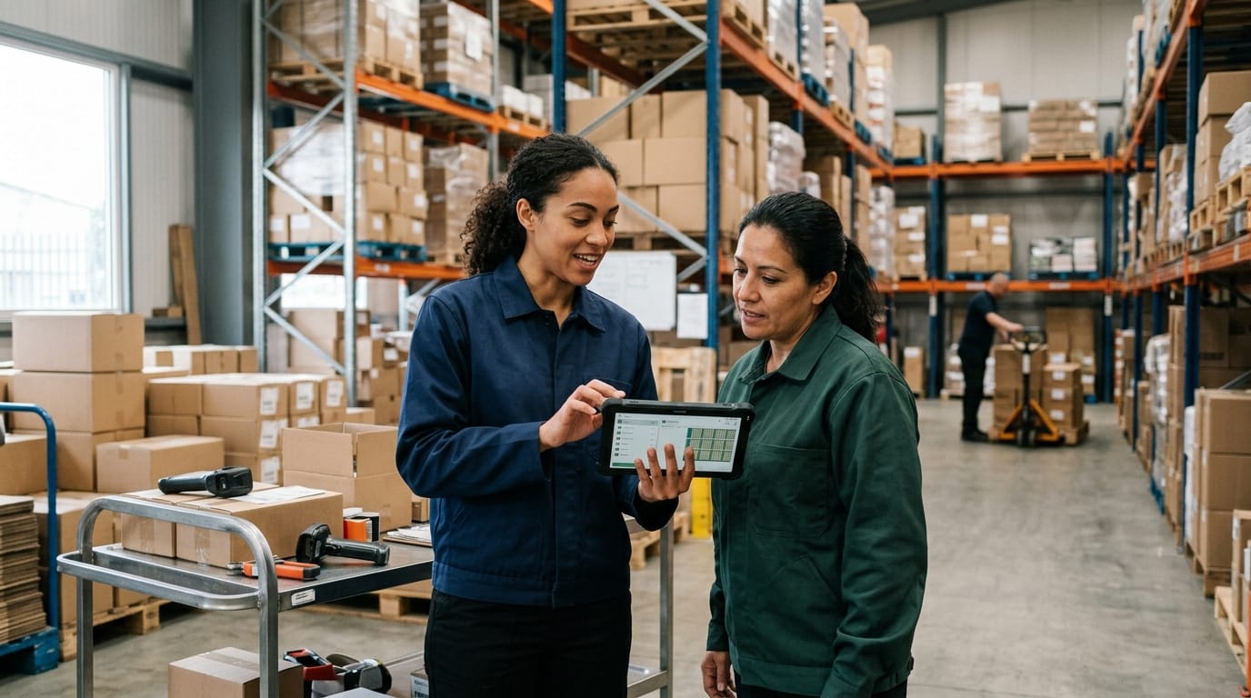 Two people working through what warehouse management system for small business is telling them