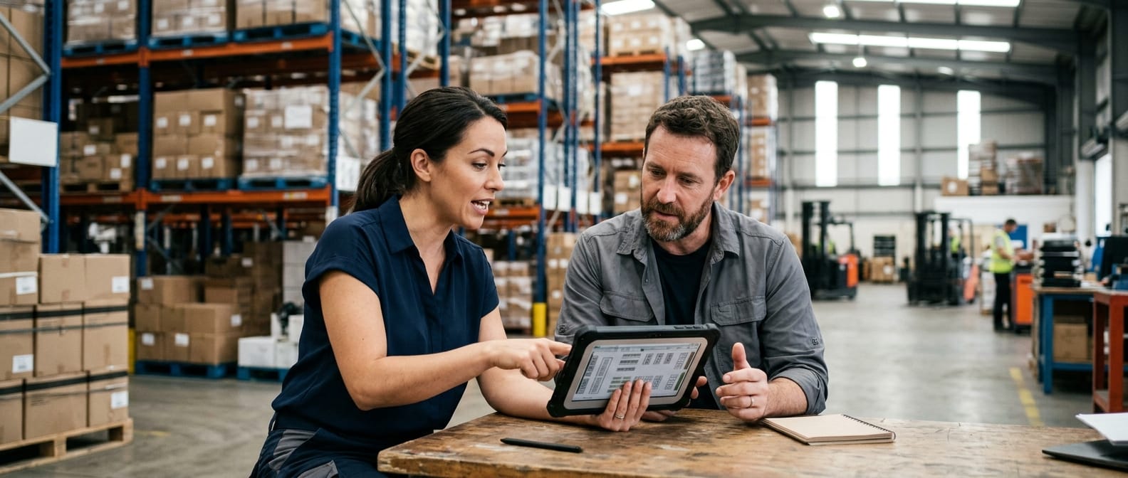 Two people working through what warehouse management system implementation is telling them