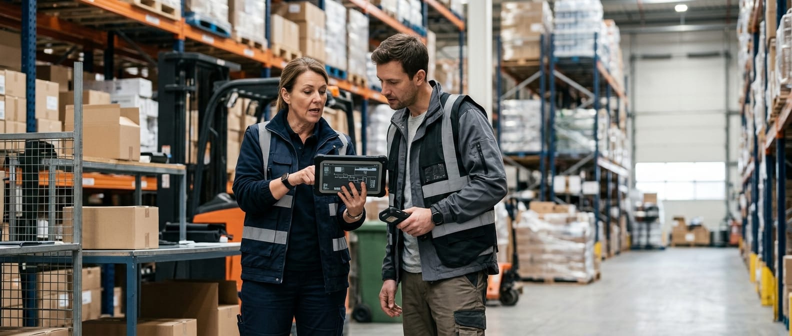 Two people working through what warehouse management system types is telling them