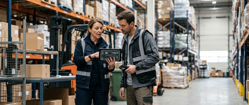 Two people working through what warehouse management system types is telling them