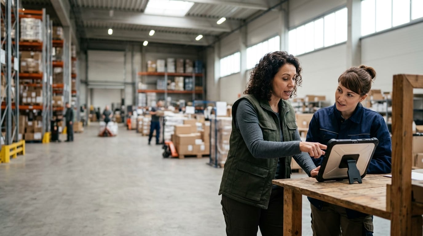 Two people working through what warehouse operations is telling them