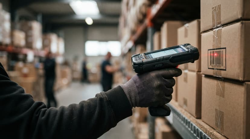 Close detail from the work warehouse scanning system supports