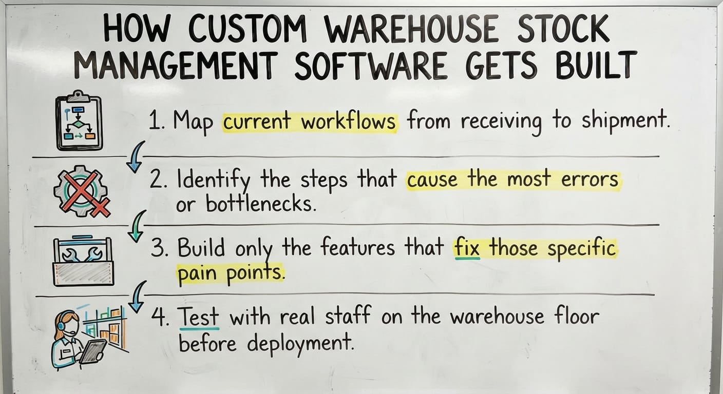 How Custom Warehouse Stock Management Software Gets Built, drawn out