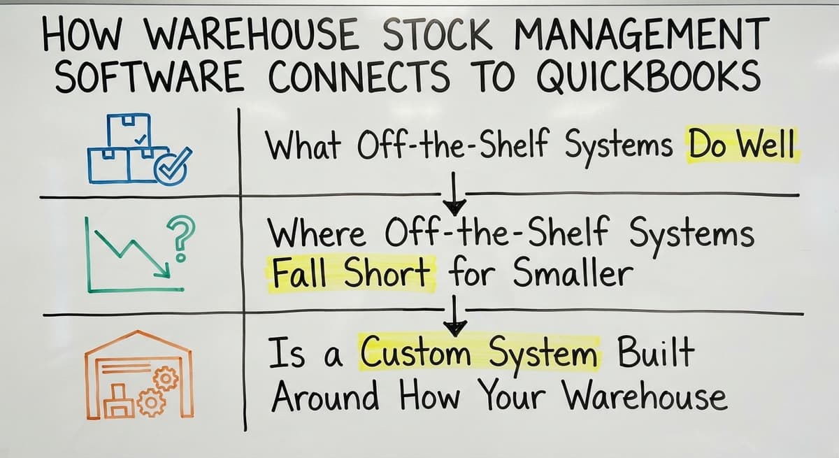 How Warehouse Stock Management Software Connects to QuickBooks, drawn out