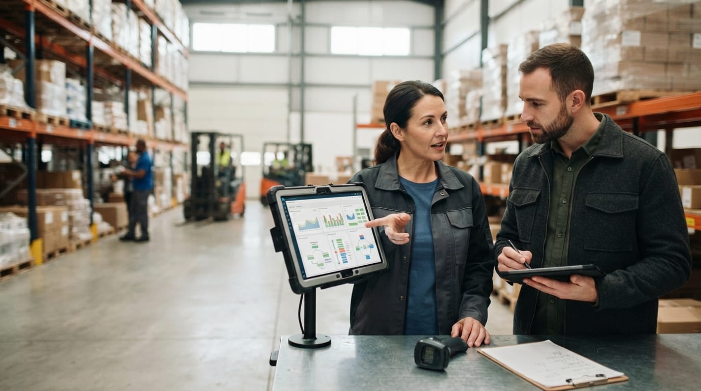 Two people working through what warehouse stock management software is telling them