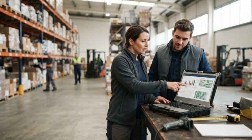 Two people working through what warehouse stock management software is telling them