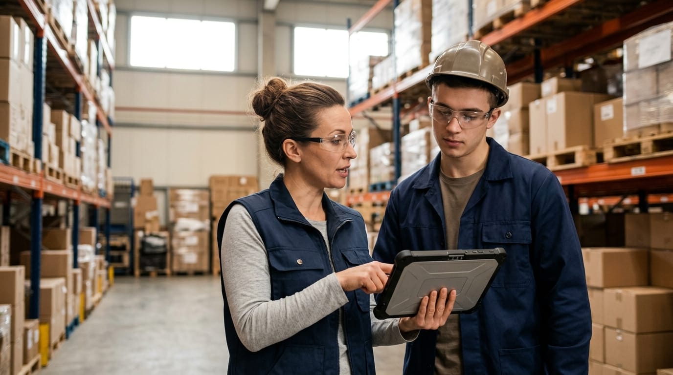 Two people working through what warehouse stock management system is telling them