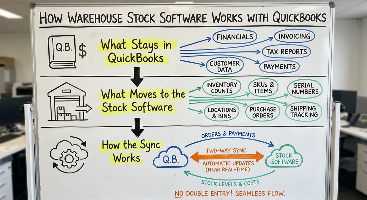 How Warehouse Stock Software Works With QuickBooks, drawn out