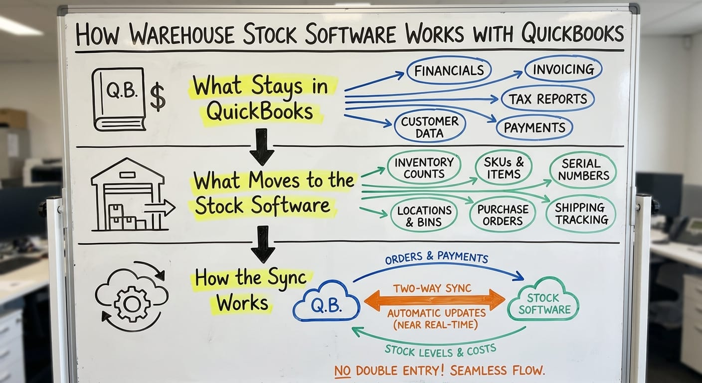 How Warehouse Stock Software Works With QuickBooks, drawn out