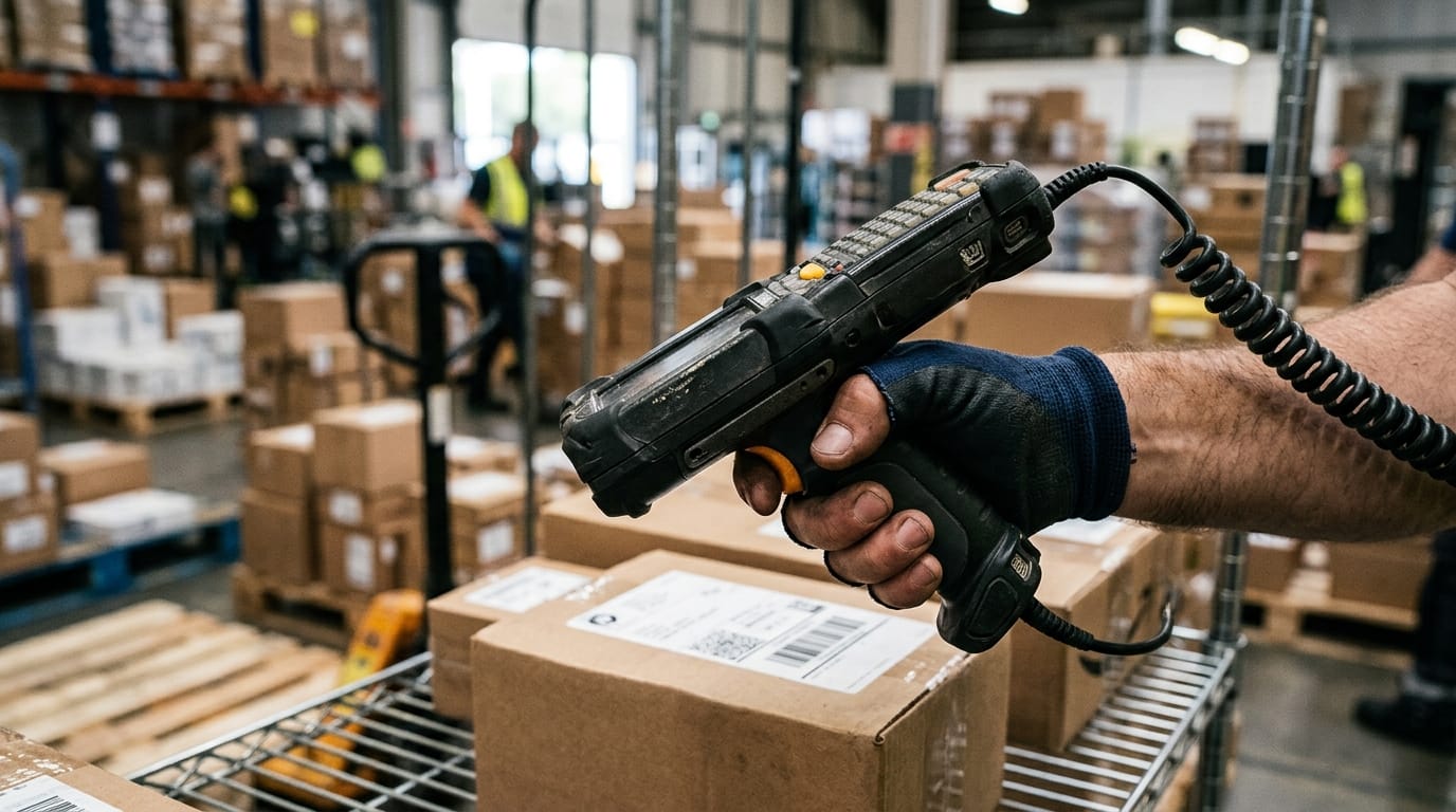 Close detail from the work warehousing operations supports