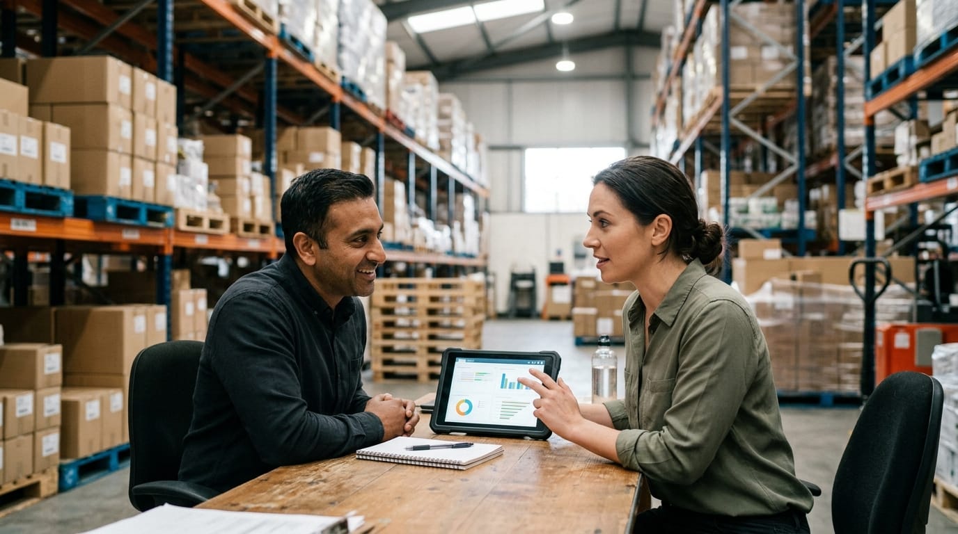Two people working through what warehousing operations is telling them
