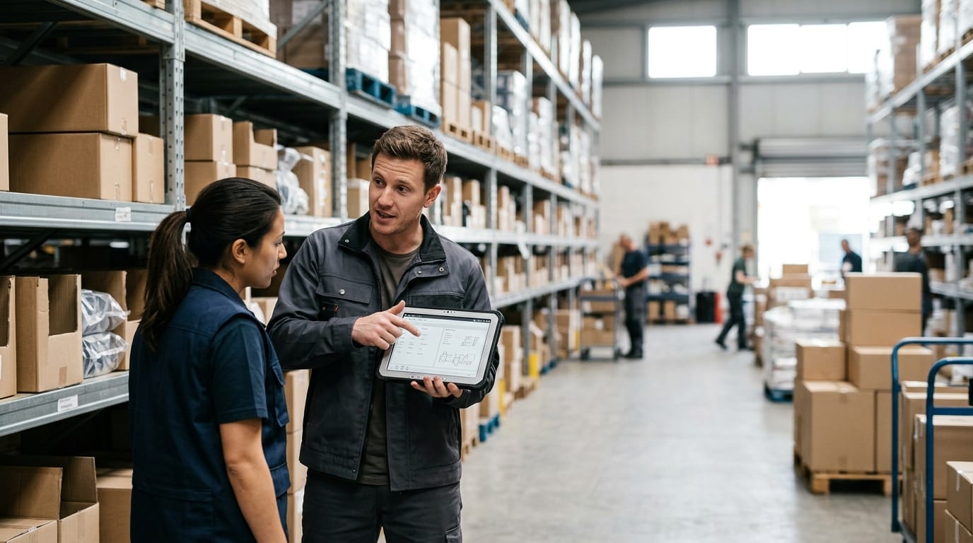 Two people working through what warehousing pick and pack is telling them