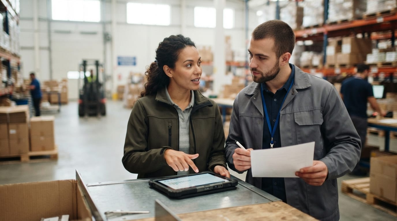 Two people working through what warehousing tasks is telling them