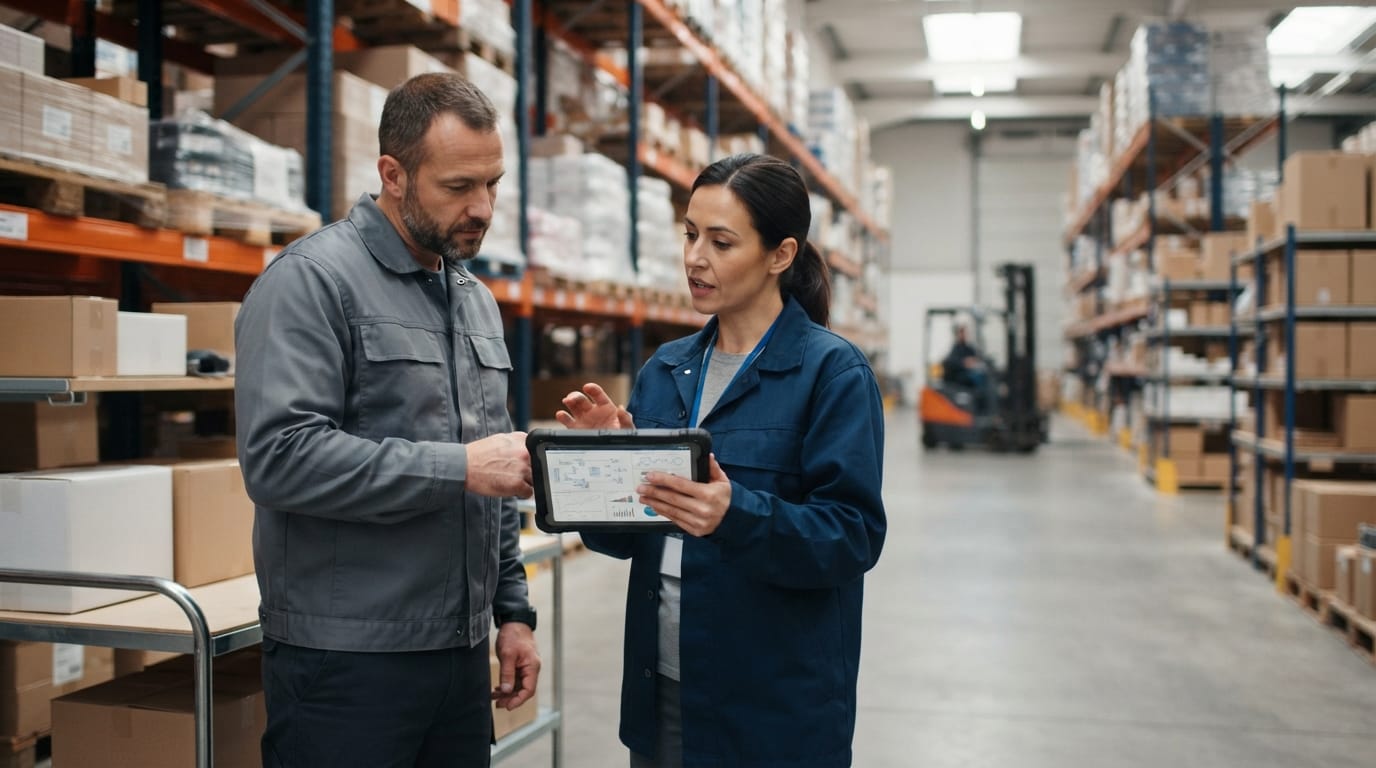 Two people working through what what are the 7s rules in a warehouse? is telling them