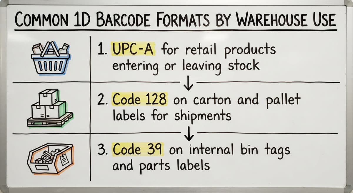 Common 1D Barcode Formats by Warehouse Use, drawn out