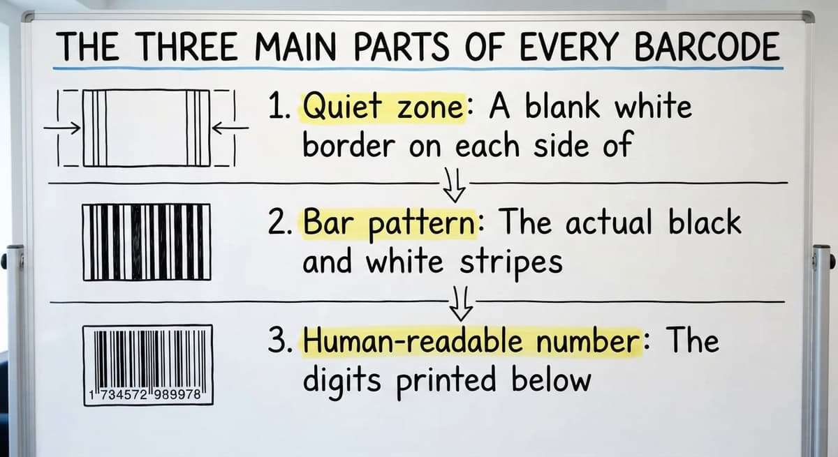 The Three Main Parts of Every Barcode, drawn out