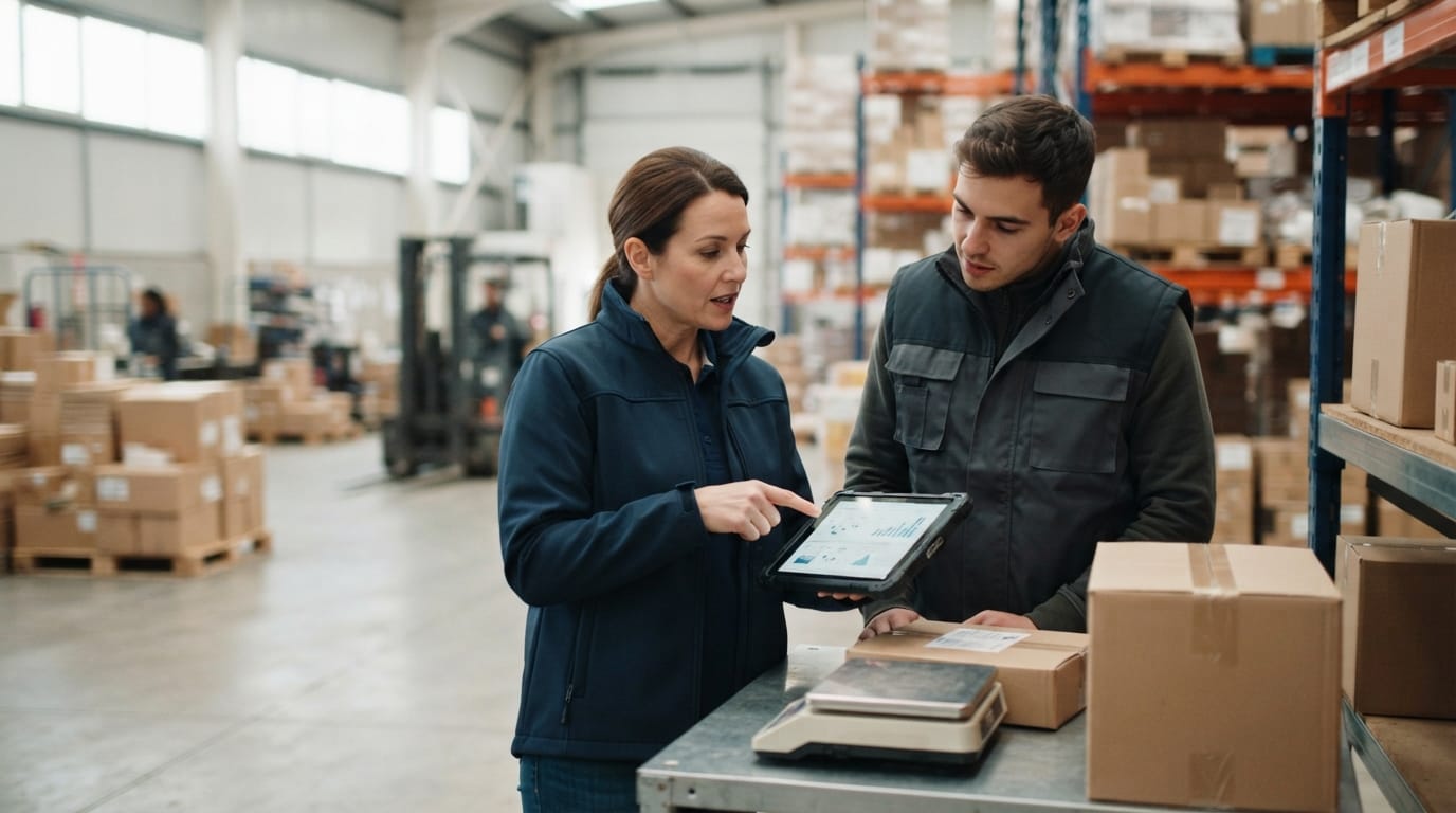 Two people working through what what does receiving mean in a warehouse? is telling them
