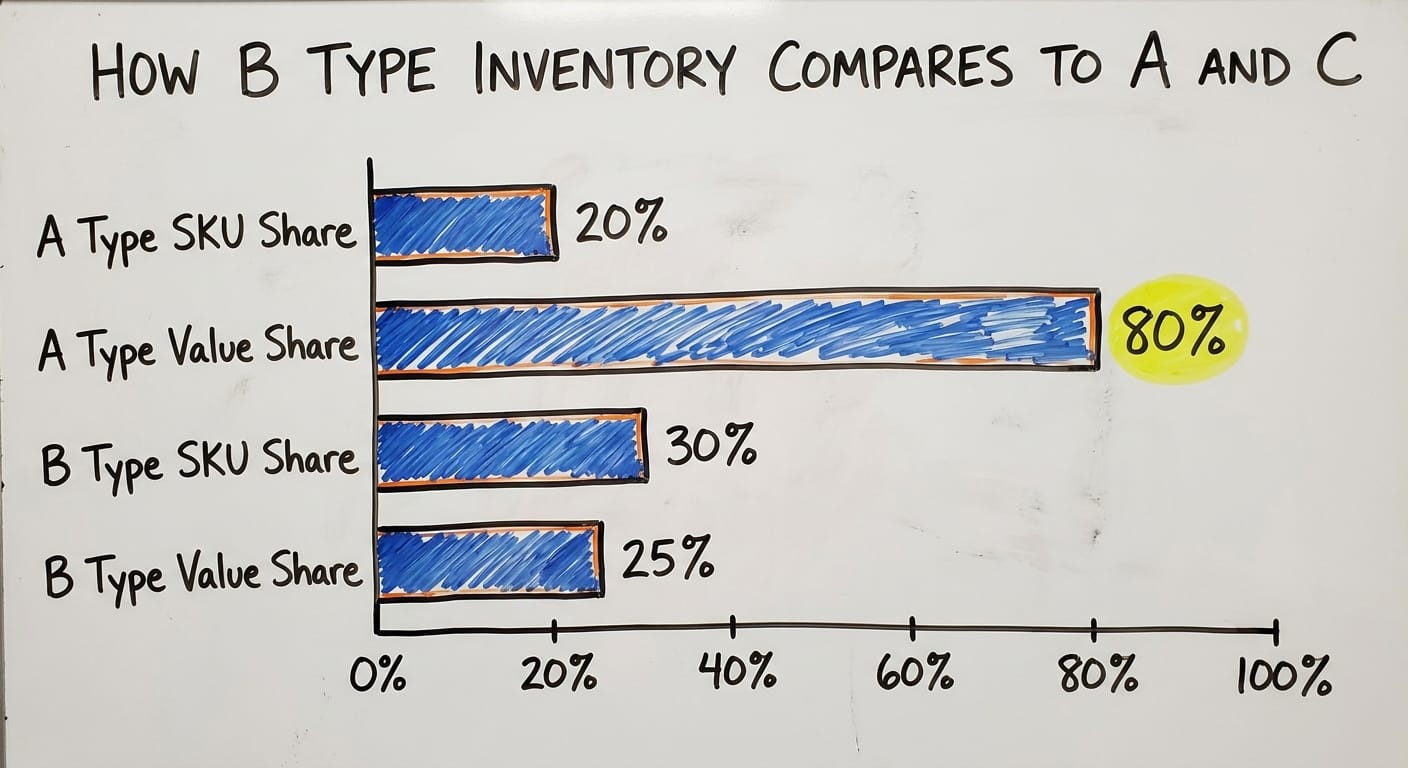 How B Type Inventory Compares to A and C, in figures