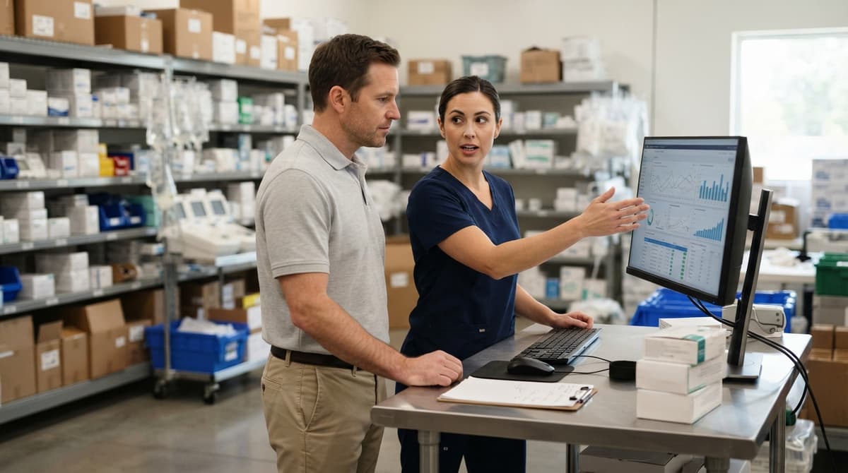 Two people working through what what is inventory management in healthcare is telling them