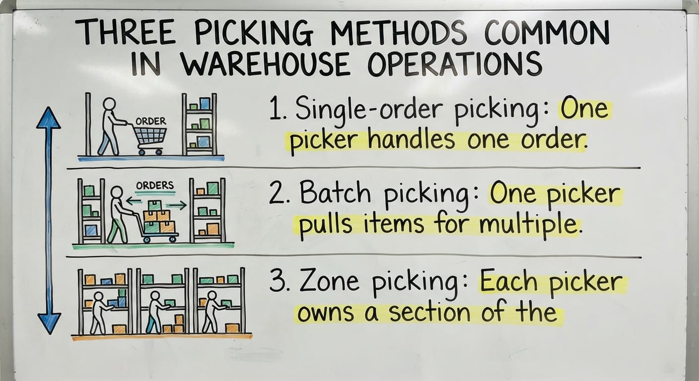 Three Picking Methods Common in Warehouse Operations, drawn out