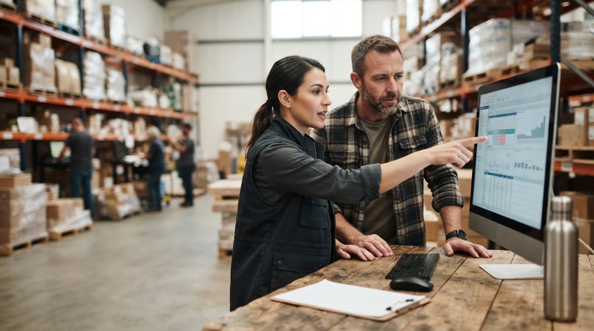 Two people working through what what is the best inventory management software for small business is telling them